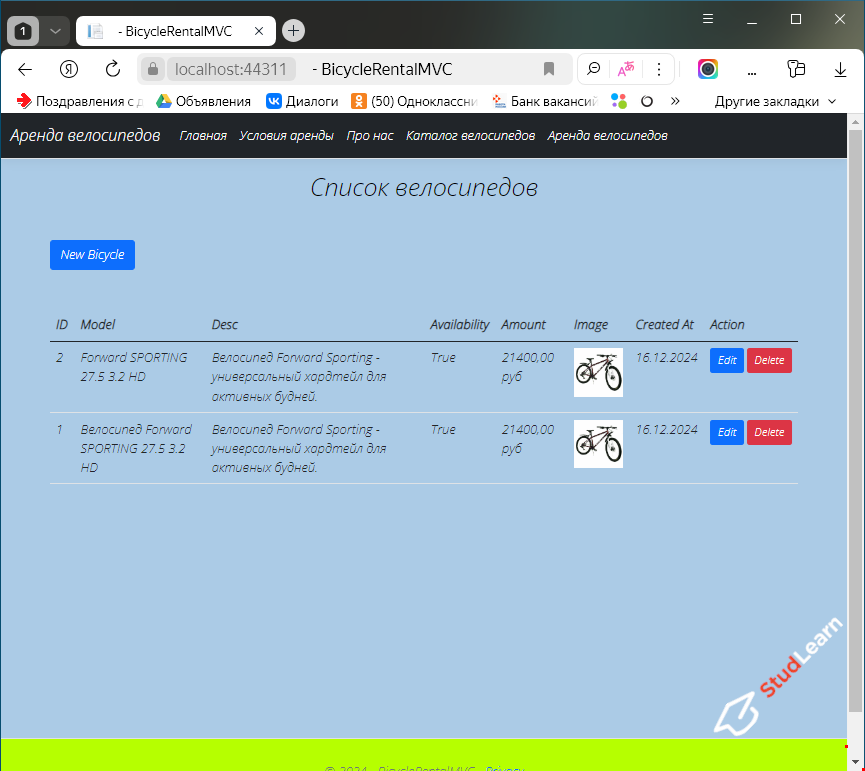 Аренда велосипедов (C#, SQL Server, HTML, CSS, ASP.NET Core MVC 7.0)